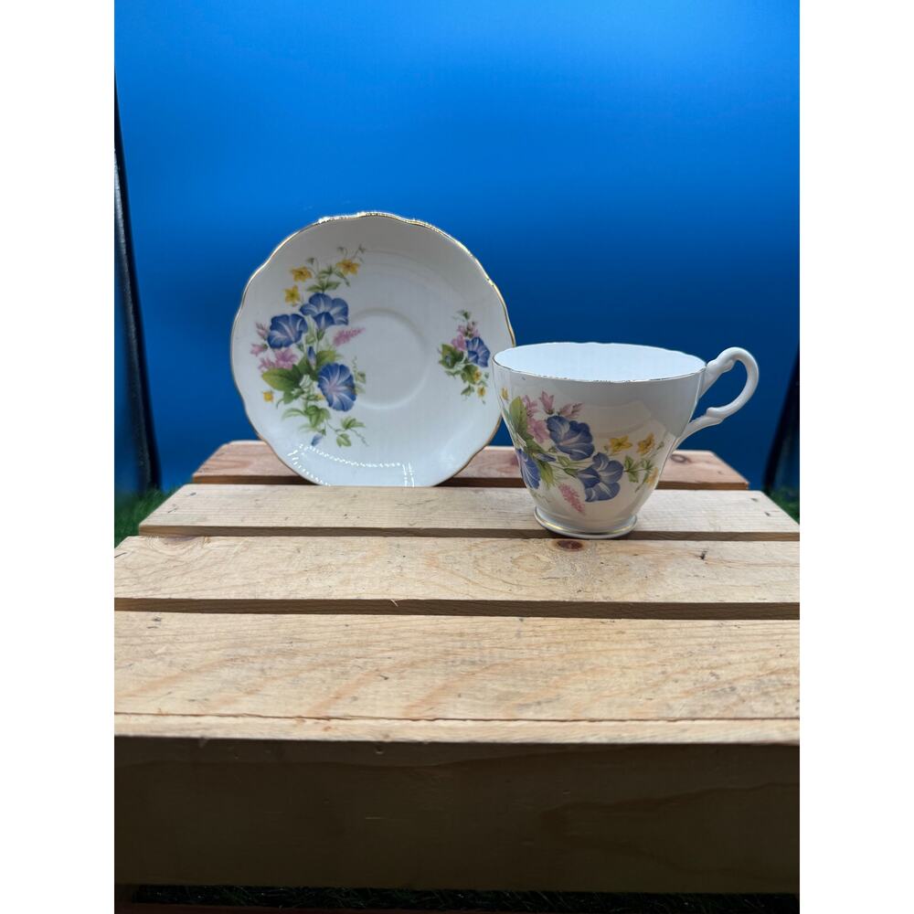 Vintage Royal Ascot Bone China Tea Cup and Saucer Set -Blue Morning Glory Floral
